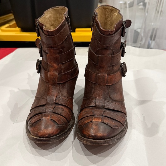 Farylrobin Brown Leather Ankle Boots with Buckle Straps - Picture 2 of 6